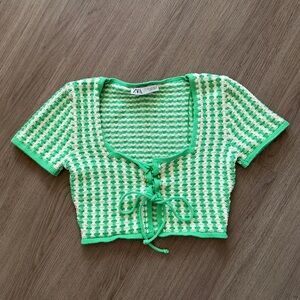 Zara Green and Off-White Crochet Striped Crop Top